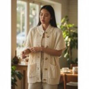 Michael Kors Wool Blend Cable Knit Cardigan Women XL Cream Ivory Short Sleeve